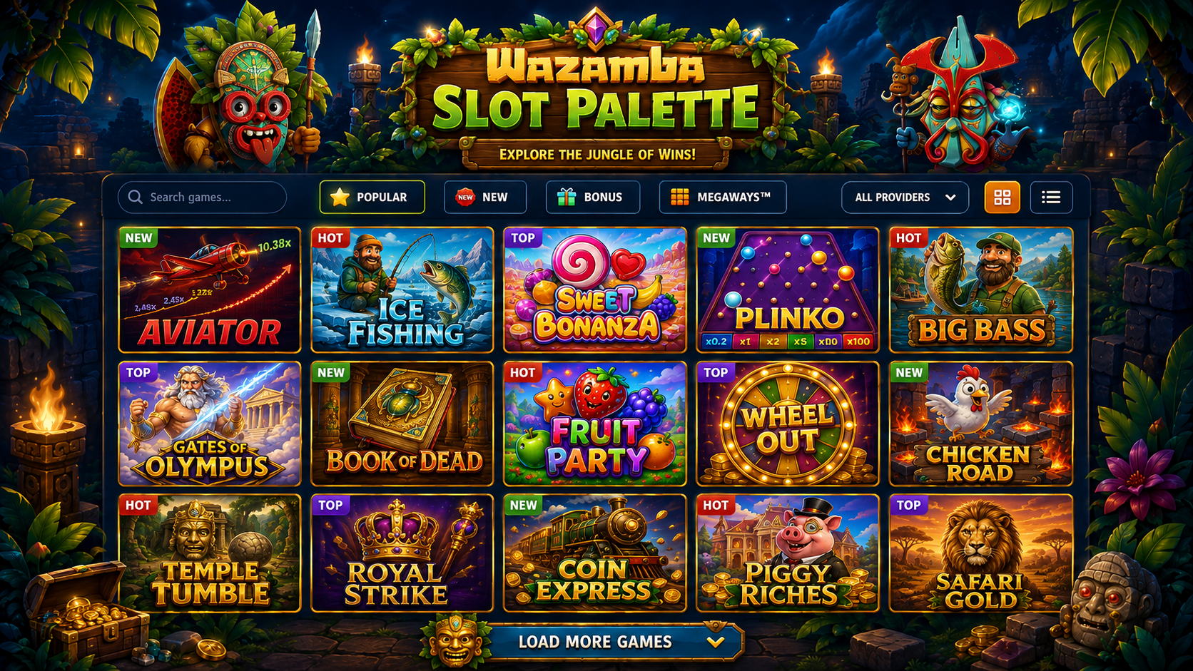 Tyylitelty ruudukko Wazamban kolikkopeli- ja live-pelilaattoista